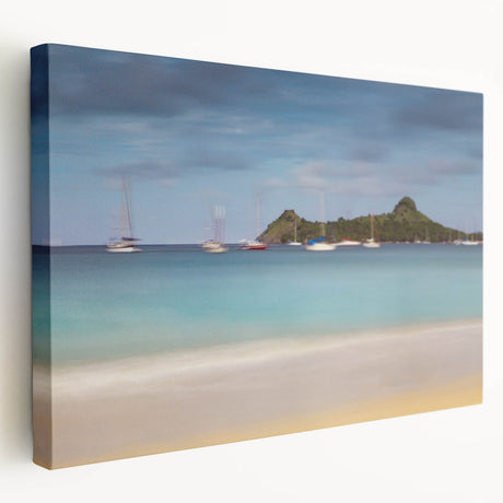 Stretched canvas wall art featuring a Caribbean beach scene with vibrant blue and green tones, ideal for kitchen wall decor.