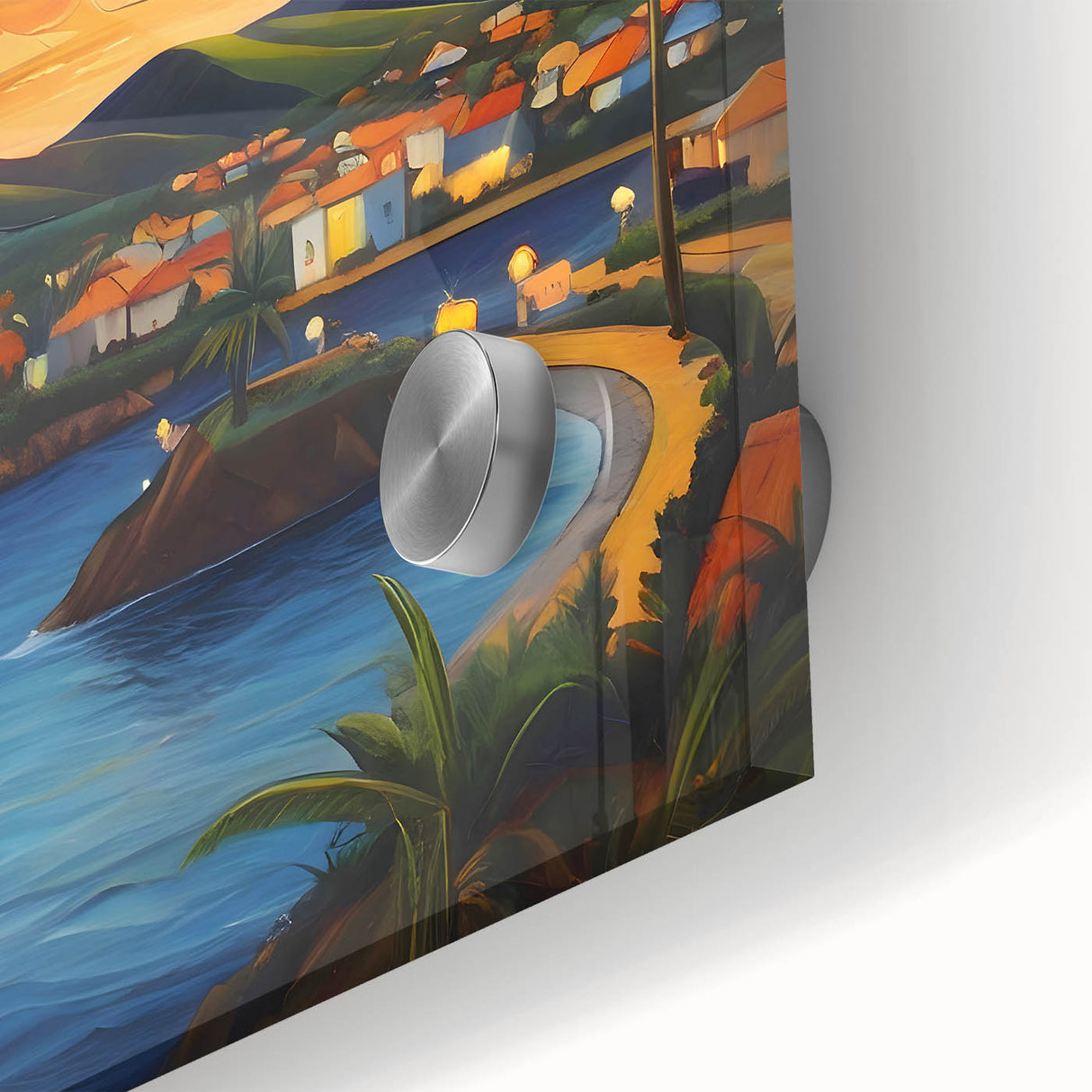 Large abstract wall art of Caribbean scenery in vibrant blue and green, acrylic glass, ideal for dining room ambiance.