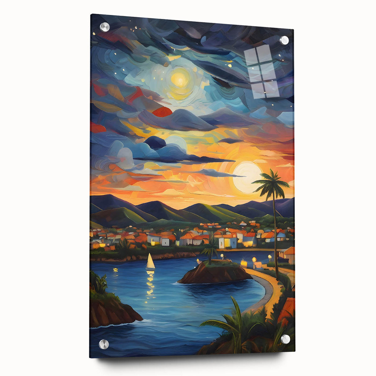 Acrylic print of a Caribbean scenery featuring vivid blue and green tones.