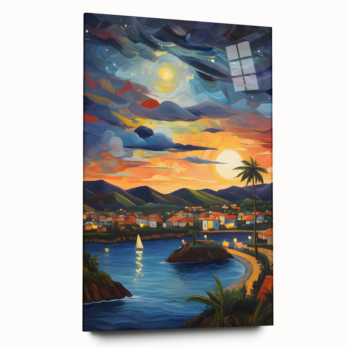 Large abstract wall art of Caribbean scenery in vibrant blue and green hues on acrylic glass.