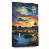 Large abstract wall art of Caribbean scenery in vibrant blue and green hues on acrylic glass.