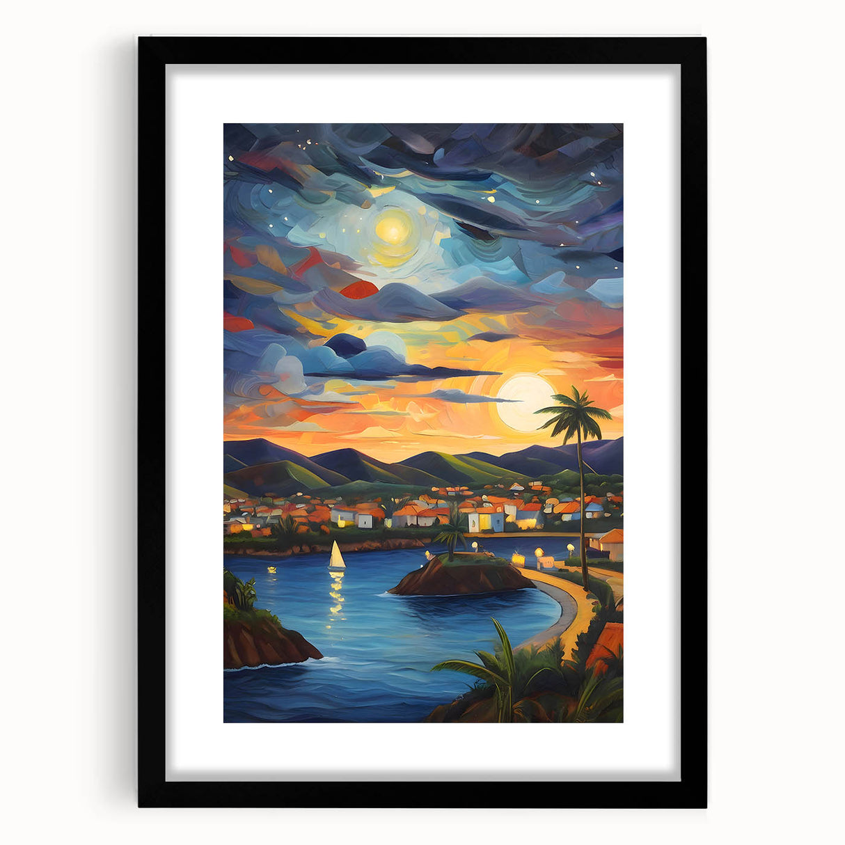 Abstract art print of colorful, textured scenery of Saint Vincent on a large framed canvas, ideal for living room decor.