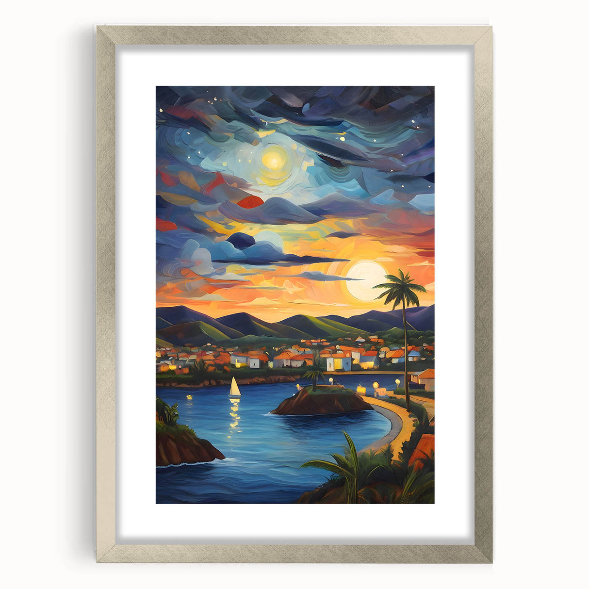 Abstract art print featuring textured strokes in blue and white on a silver-framed canvas.