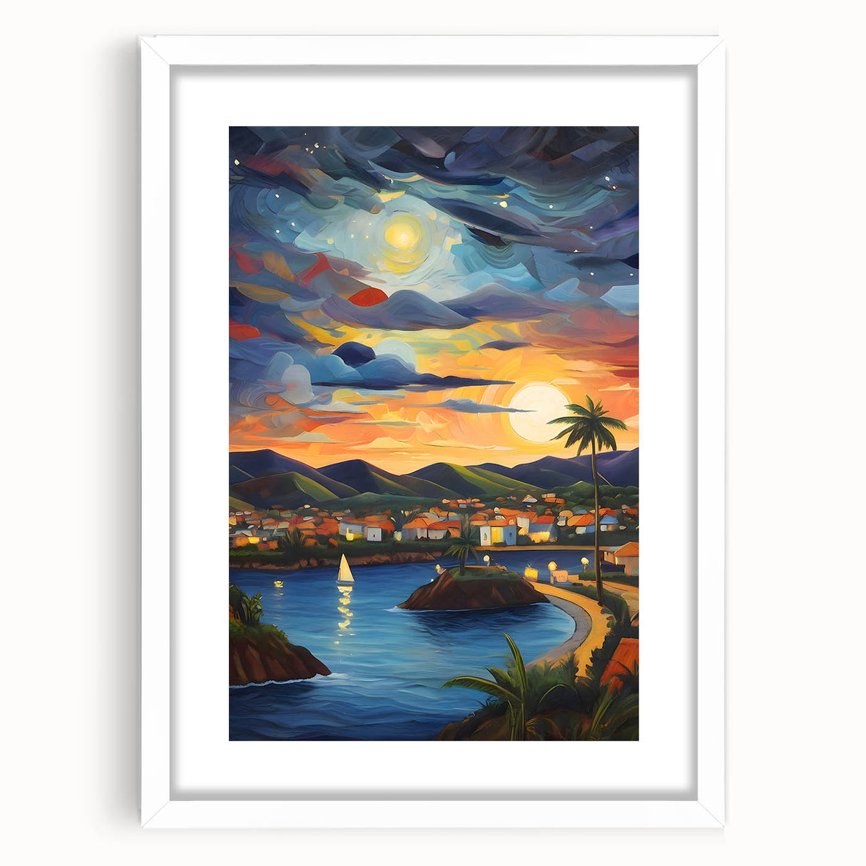 Textured abstract art print depicting Caribbean scenery in vibrant blues and greens, framed in white, ideal for bedroom art.