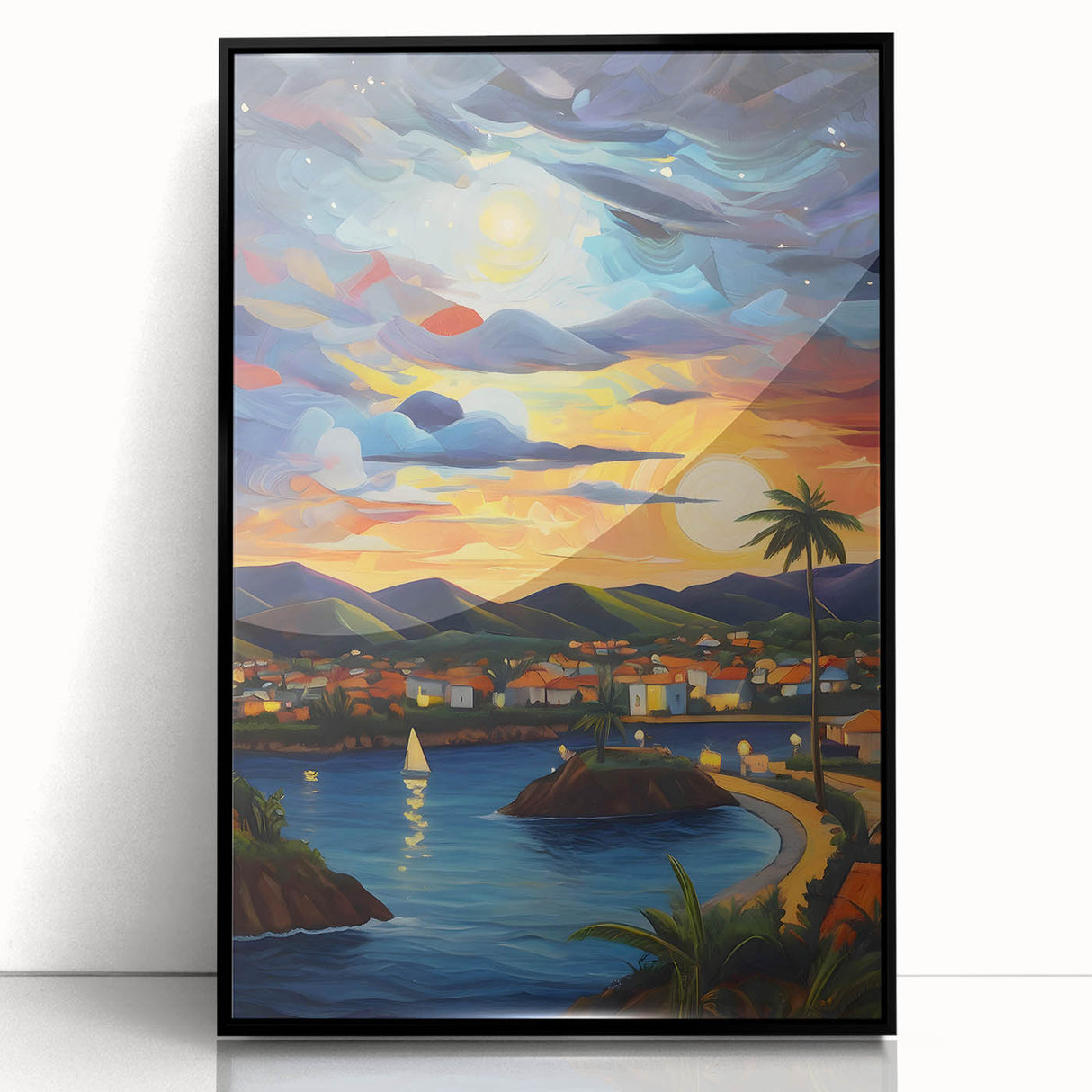 Large abstract wall art depicting Caribbean scenery in muted blue and green, framed acrylic.