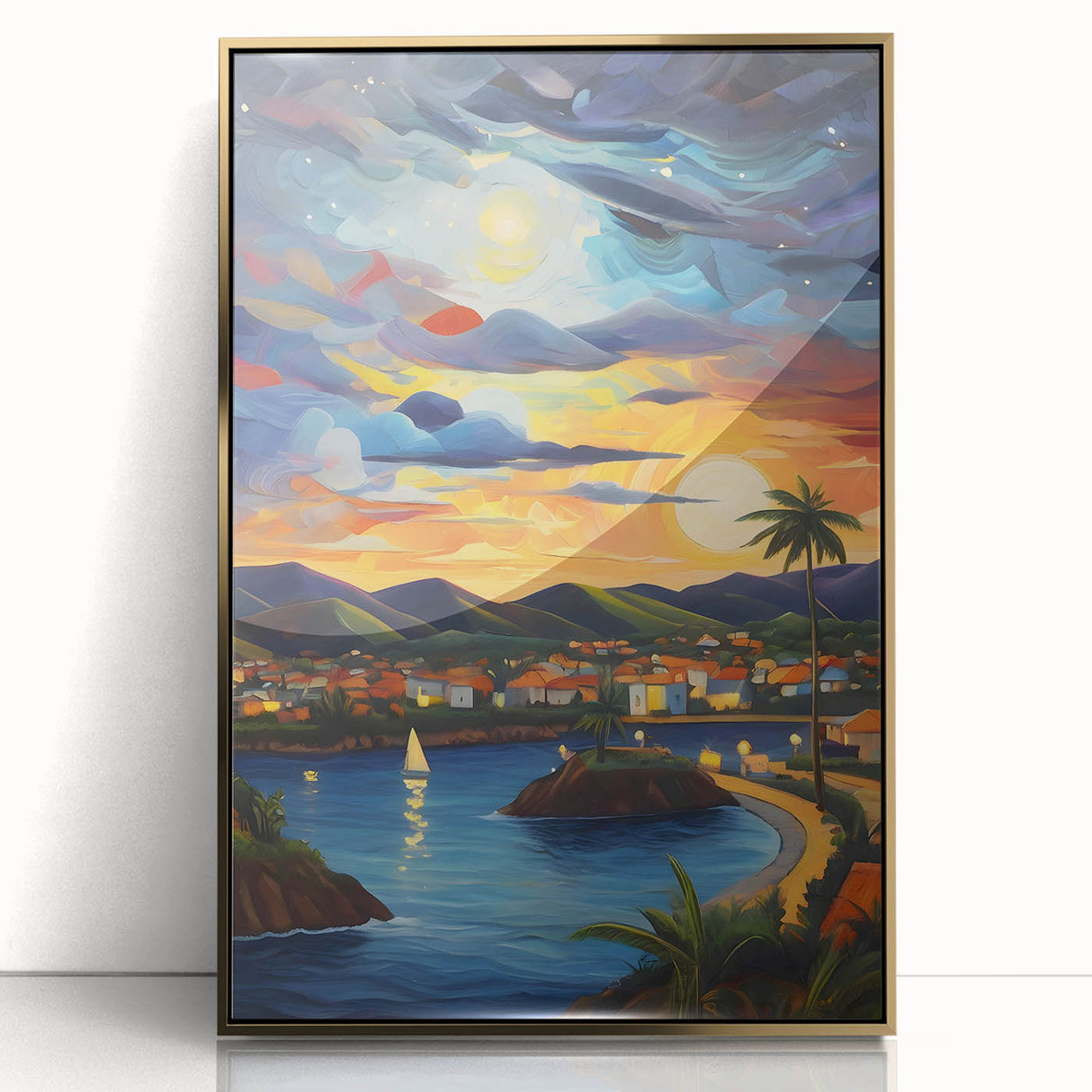 Art deco poster of Caribbean scenery in Saint Vincent with vibrant blue and green tones on framed acrylic.