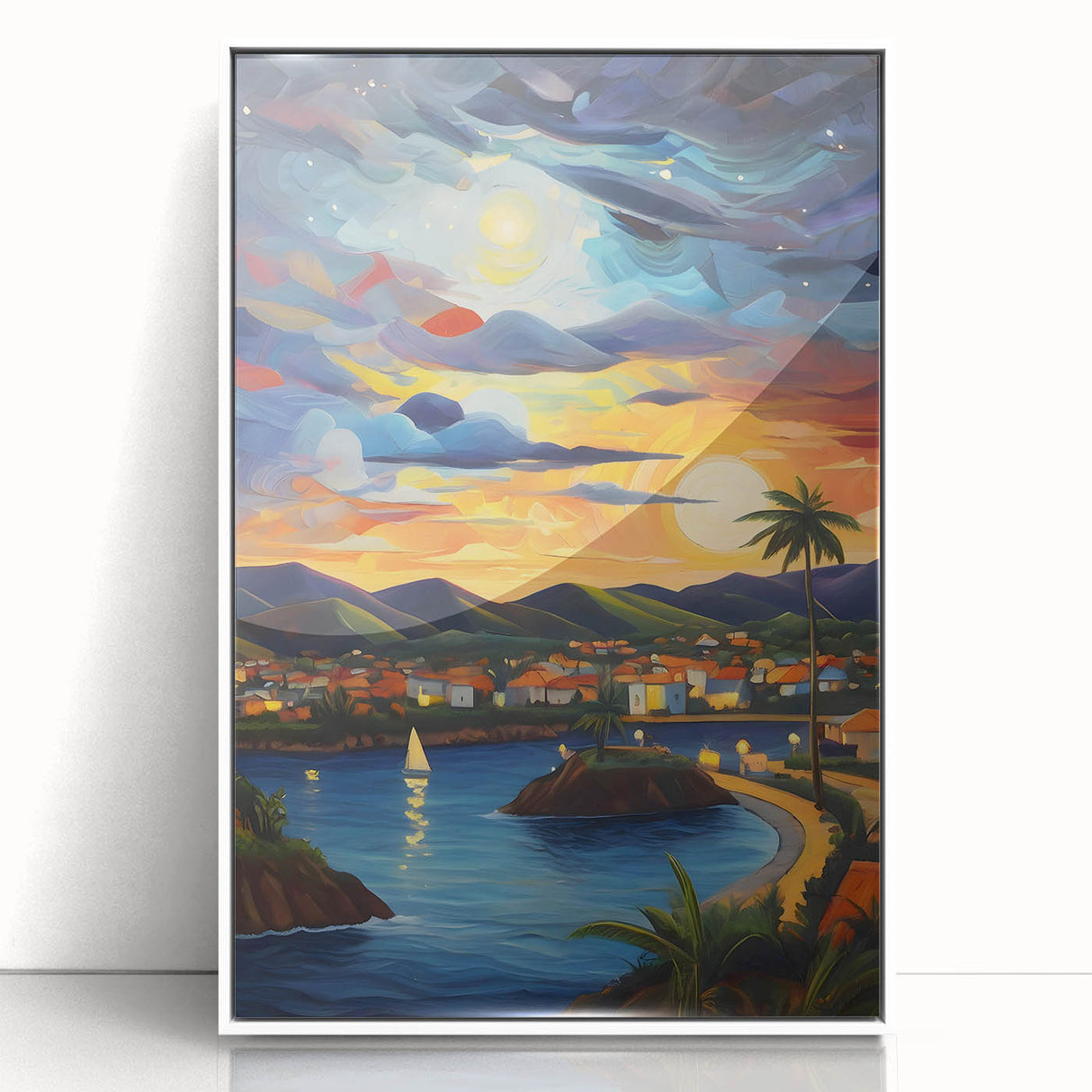 Mid-century modernist art depicting the Caribbean scenery of Saint Vincent in a framed acrylic, ideal for nursery wall art.
