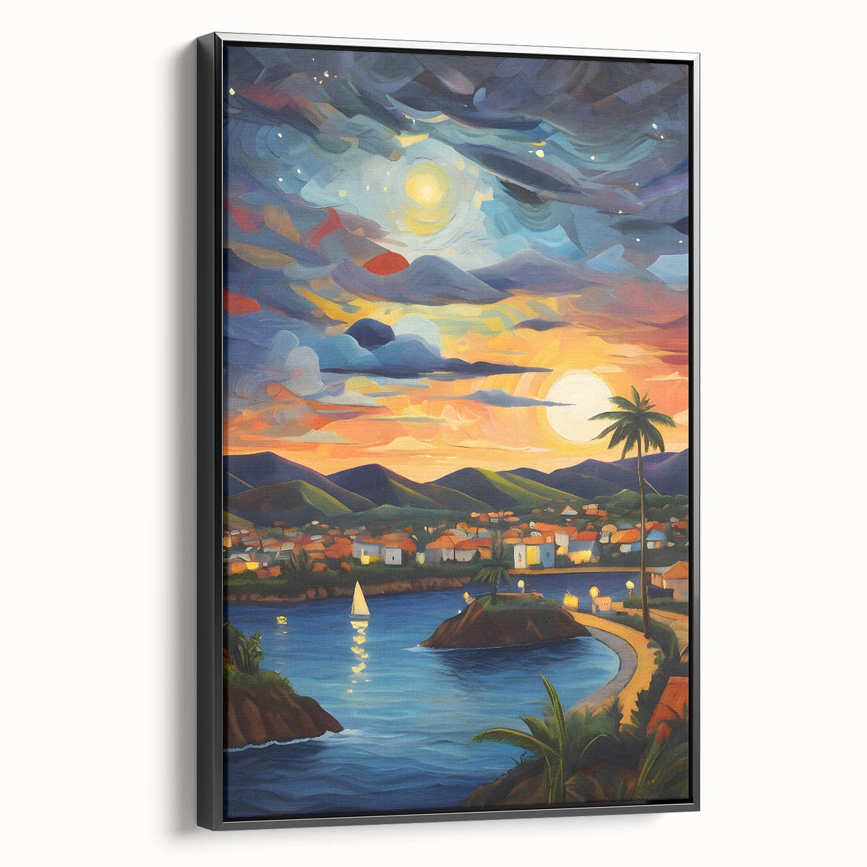 Black and white framed canvas depicting a vintage Caribbean landscape, ideal for bedroom wall art.