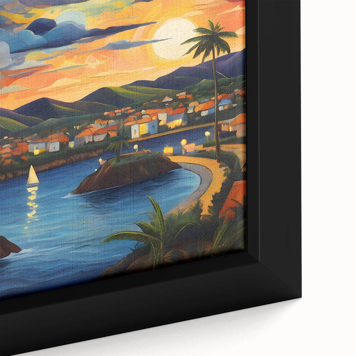 Extra large framed canvas featuring a textured black wall art with vibrant Caribbean scenery, ideal for living room decor.