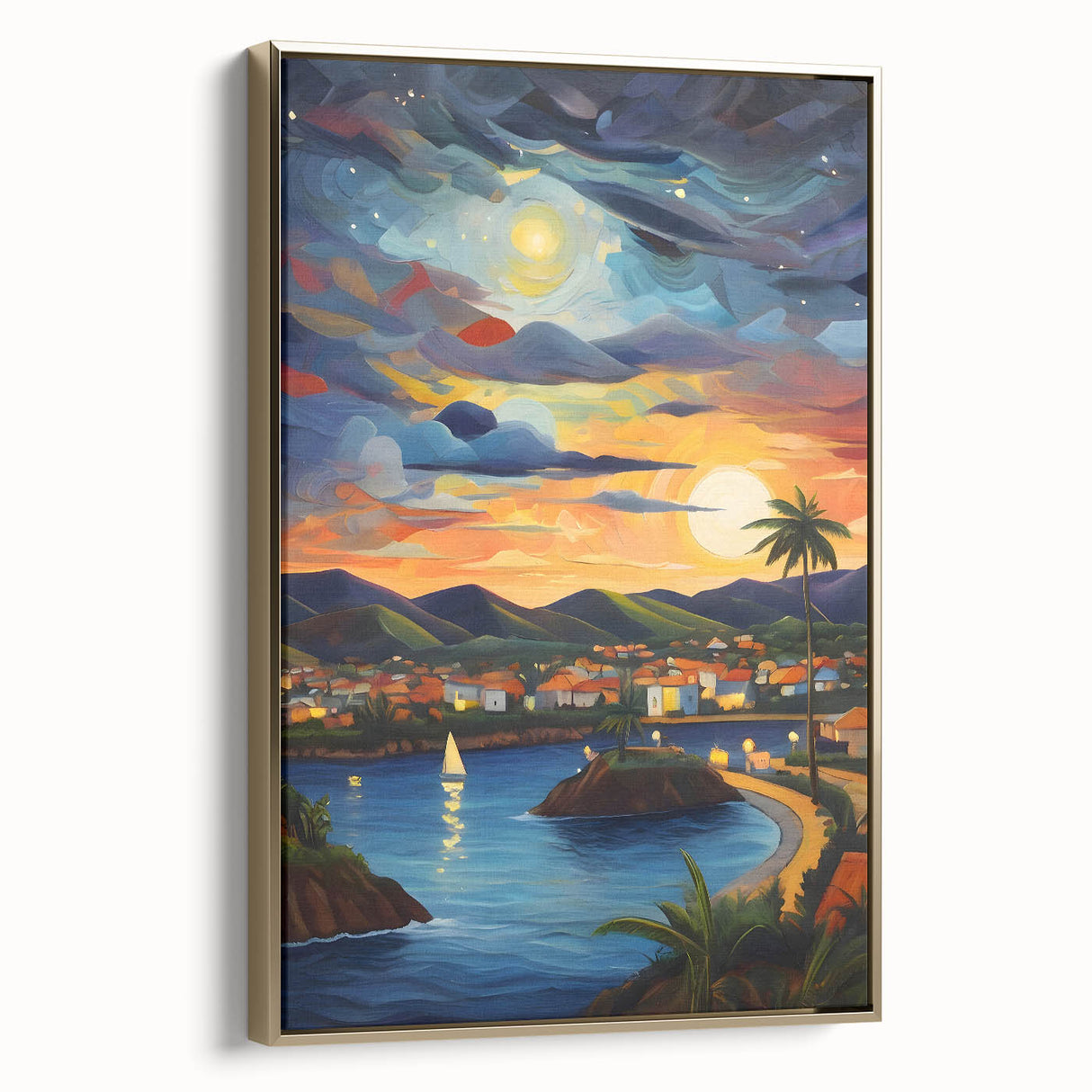 Framed canvas of a vintage-style Caribbean landscape in muted gold and black, ideal for bedroom wall art.