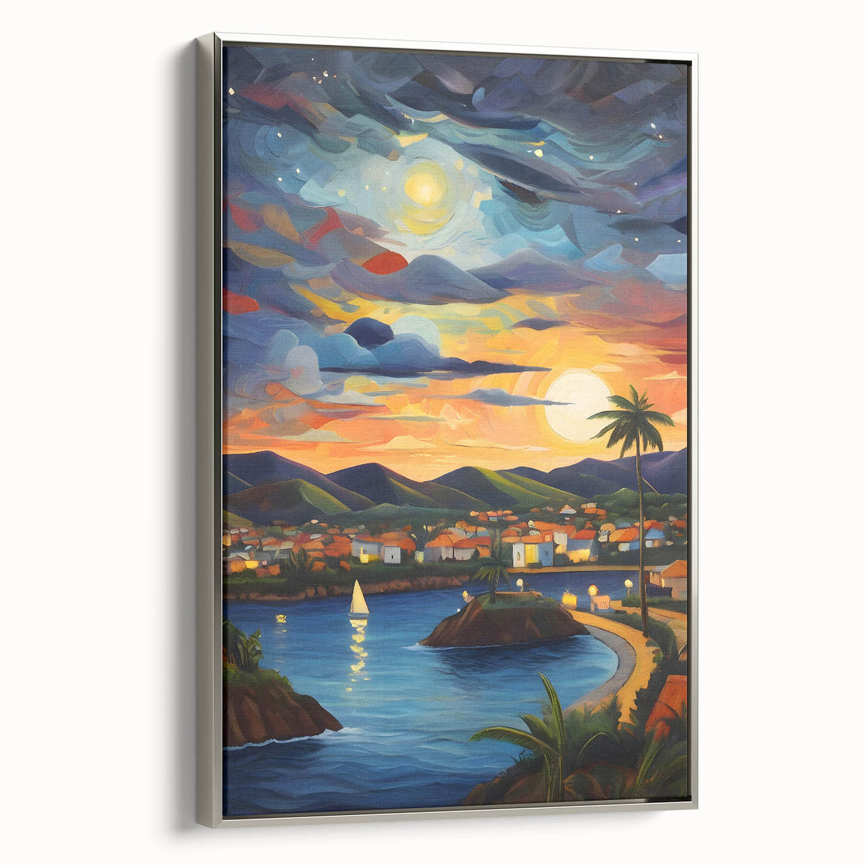 Framed canvas landscape art painting depicting a Caribbean scene with vibrant colors.