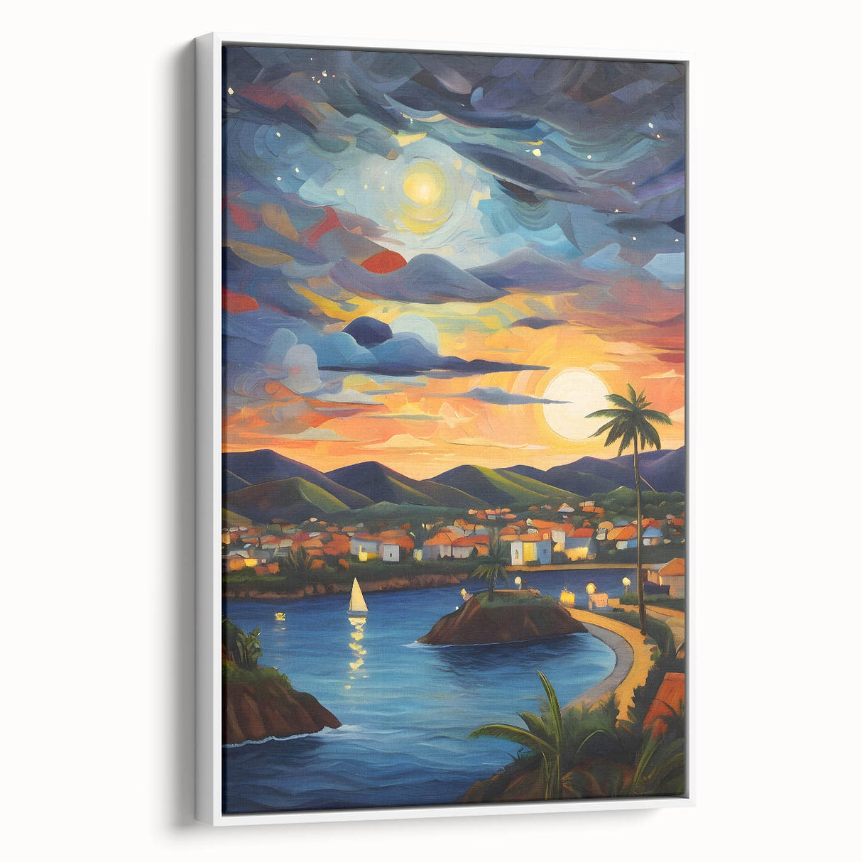 Vintage poster art of Saint Vincent scenery in vibrant colors on a framed canvas, ideal for living room decor.