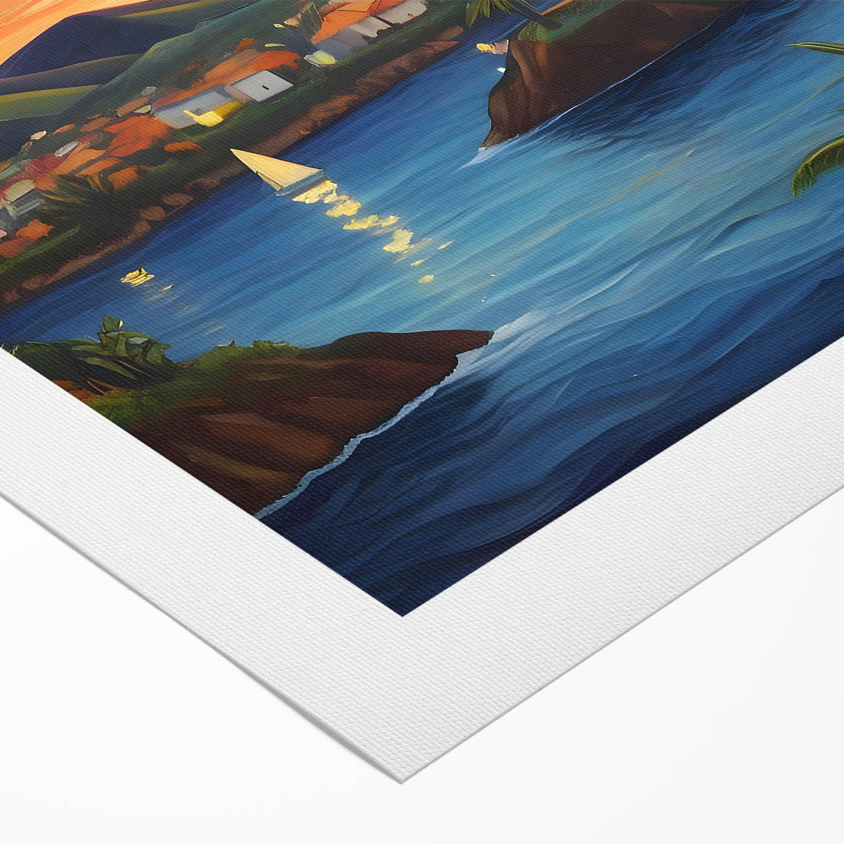 Art deco poster of Caribbean Saint Vincent scenery in pastel shades on rolled canvas, suitable for dining room wall art.
