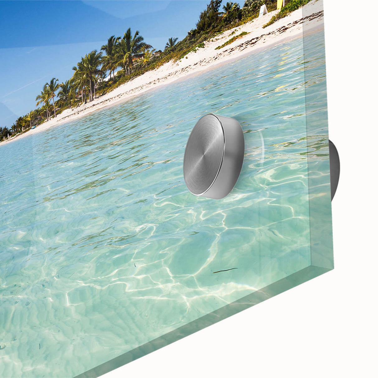 Large abstract wall art featuring Caribbean scenery in vibrant blues and greens on acrylic glass.