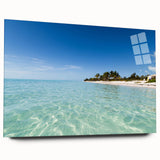 Large abstract wall art of a Caribbean scene in vibrant blue and green tones on acrylic glass.