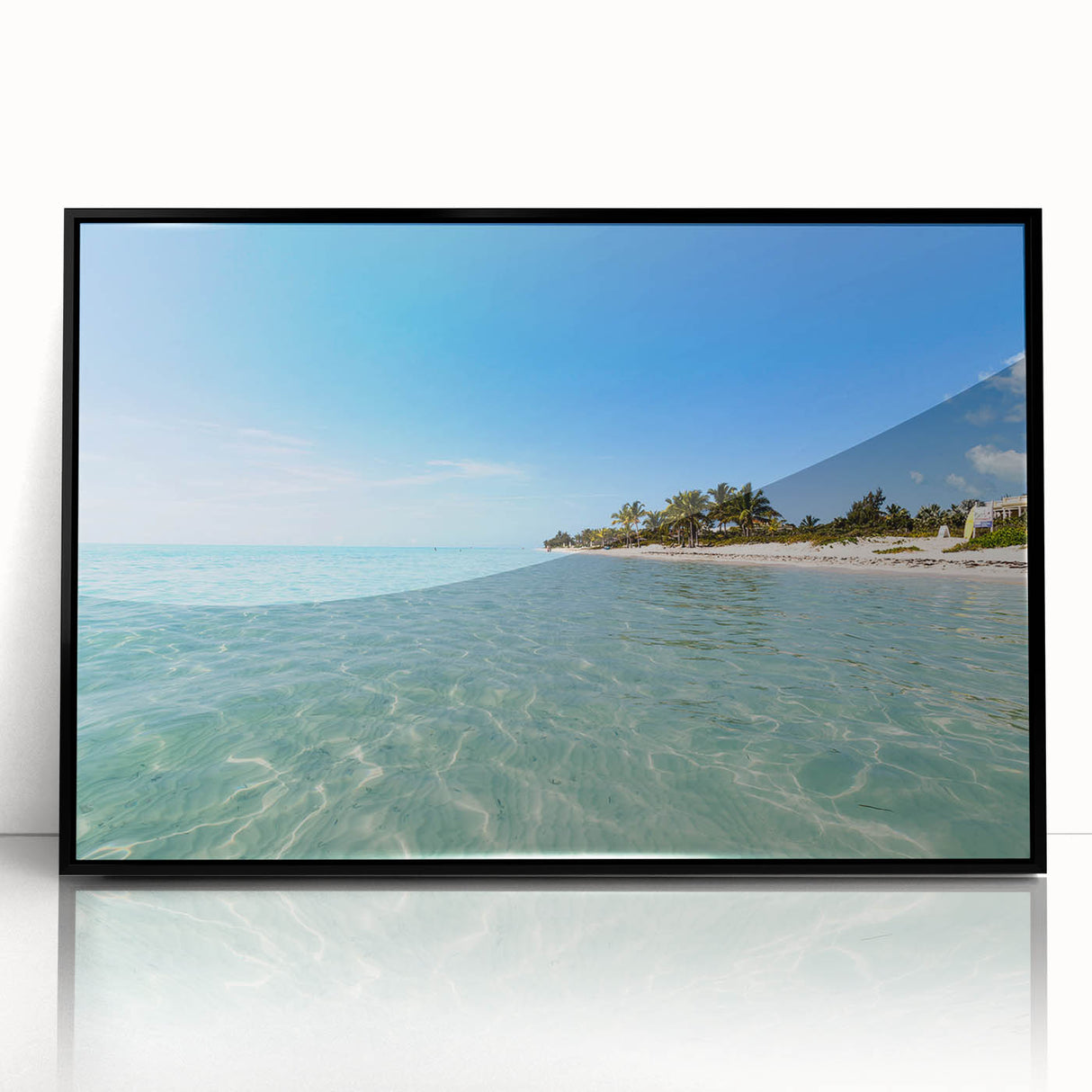 Large abstract wall art featuring a Caribbean scene in muted blue and green tones on a framed acrylic.