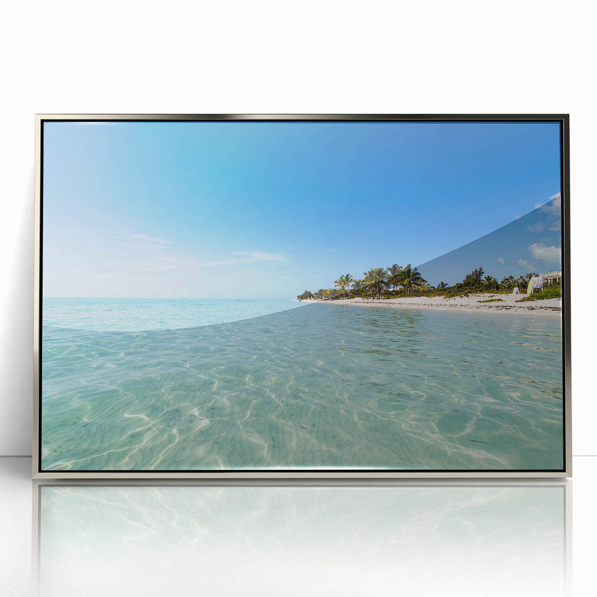 Framed acrylic print of a Caribbean seascape with vibrant blue and turquoise water, ideal for modern art wall decor.
