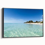 Framed canvas featuring a black and white vintage poster of a Caribbean landscape, ideal for bedroom wall decor.