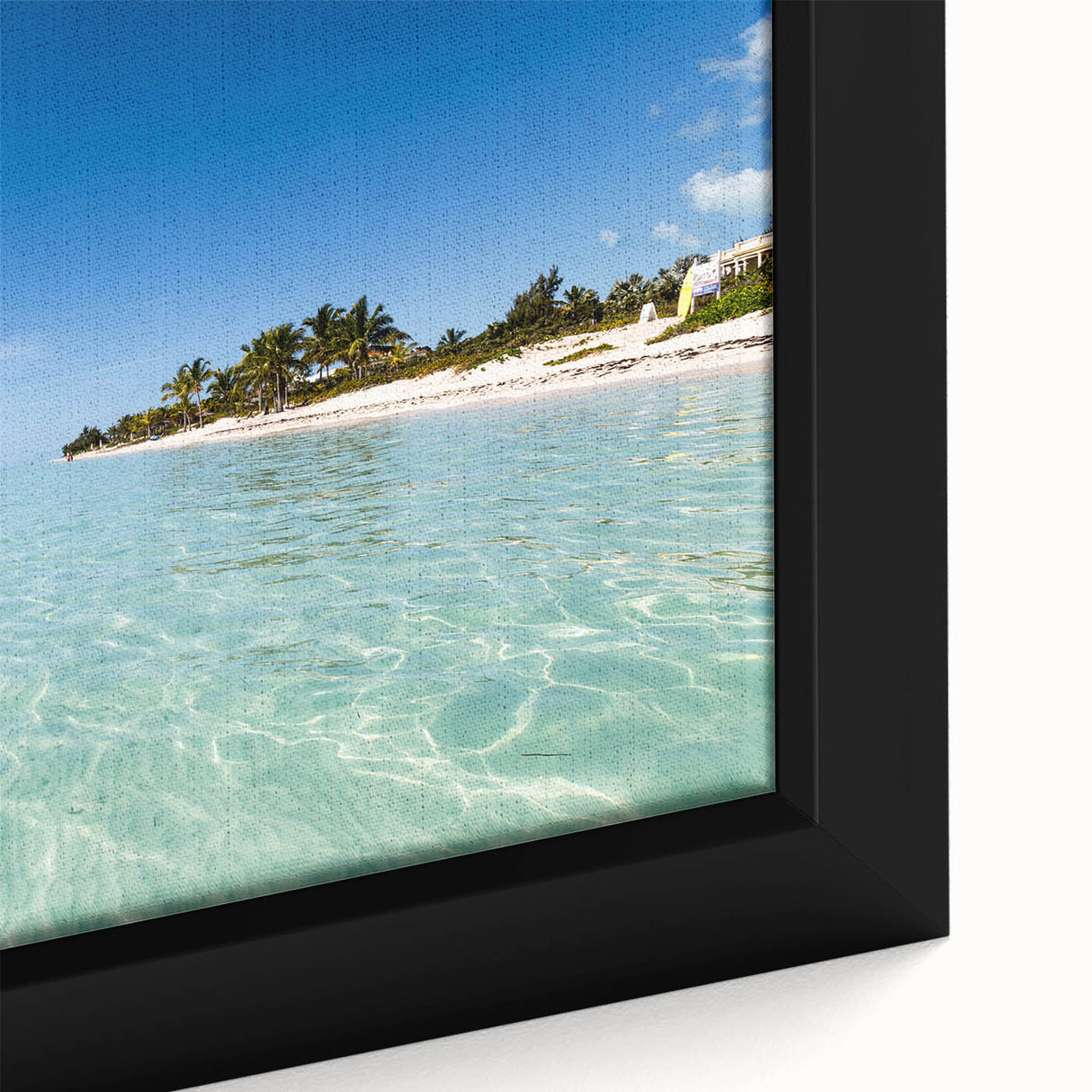 Framed canvas depicting a black textured Caribbean scenery with vibrant, colorful accents.