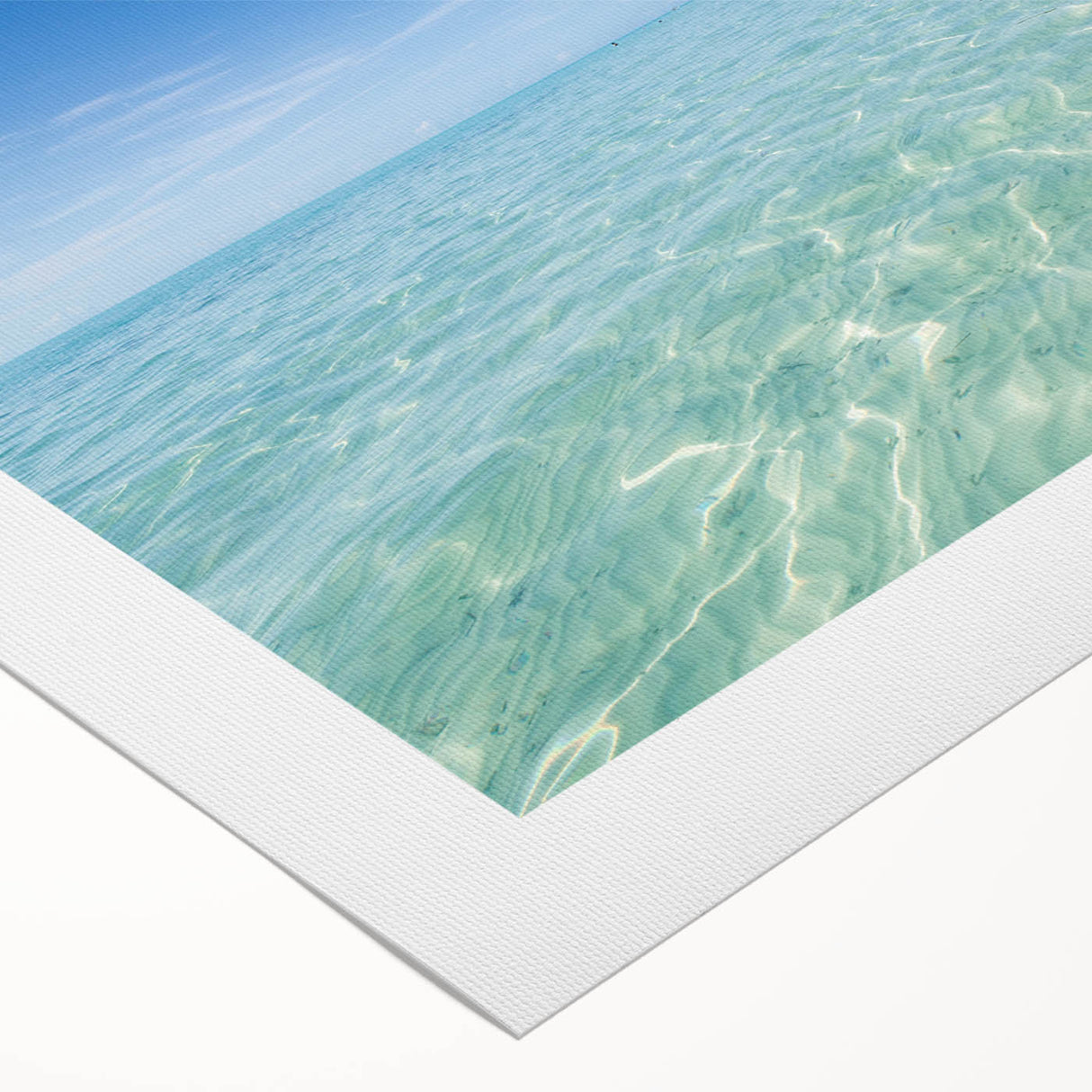Art deco poster of a Caribbean scene on rolled canvas, featuring vibrant blue and green hues, ideal for dining room wall art.