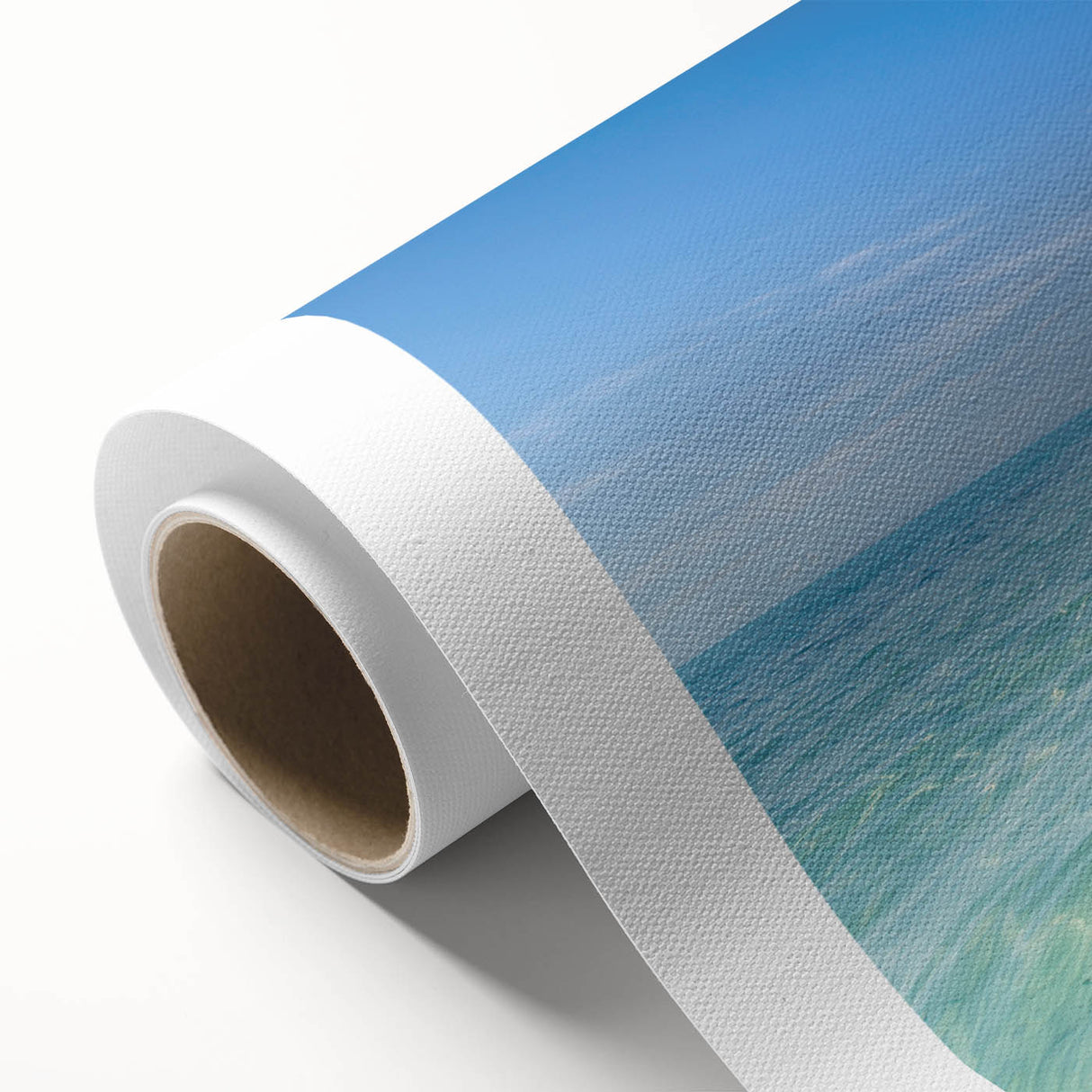 Art deco poster of Caribbean scenery on rolled canvas, featuring pastel ocean colors, ideal for nursery wall art.