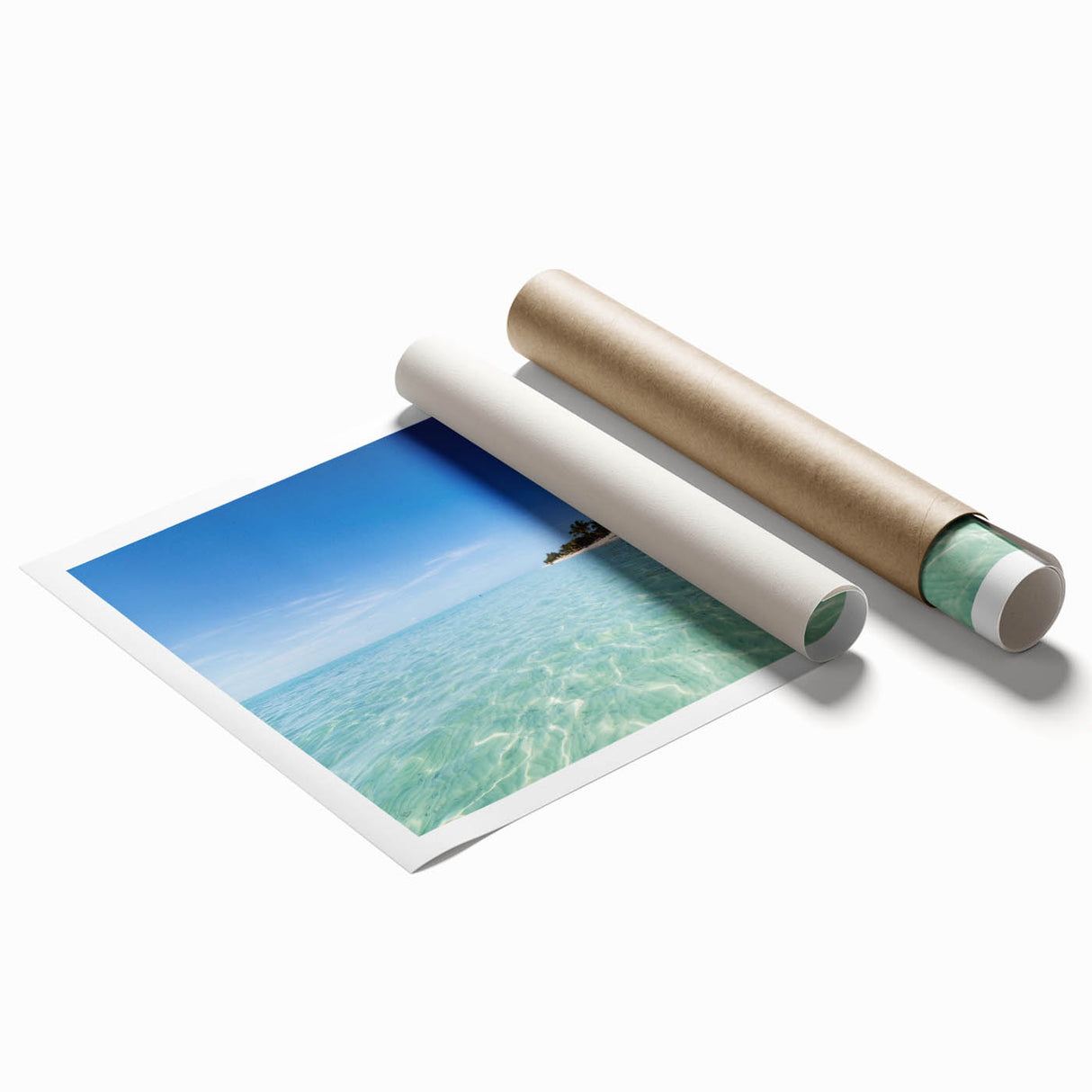 Extra large rolled print featuring a serene Caribbean beach with soft pastel tones, ideal for classy bathroom wall art.