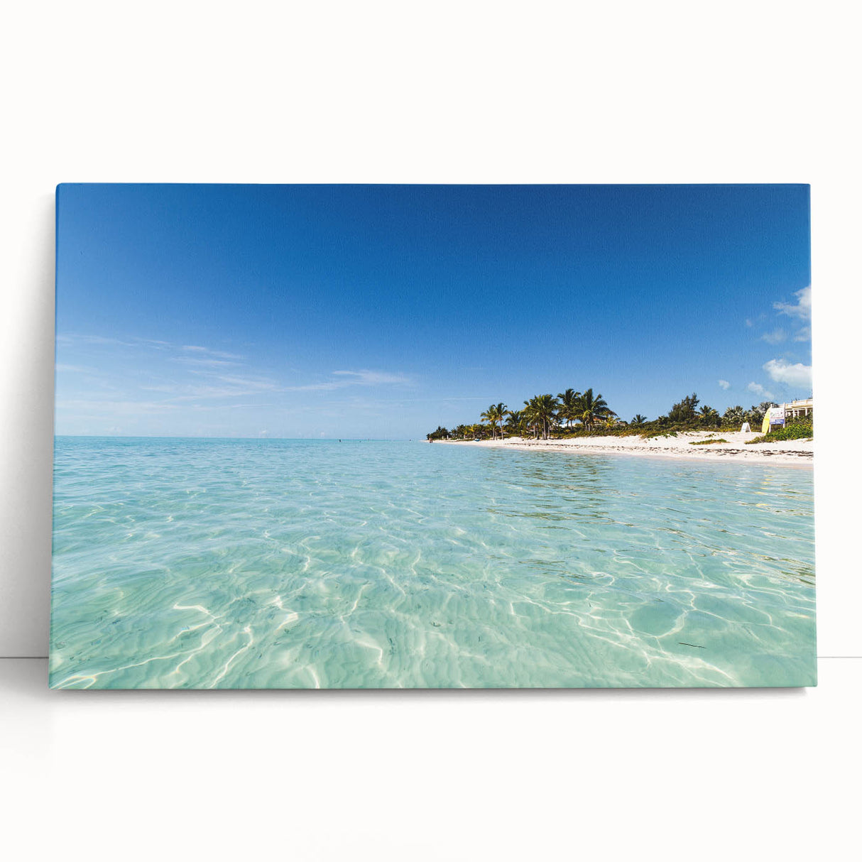 Black and white stretched canvas of Caribbean scenery, ideal for kitchen wall art.