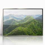 Mid-century modernist art depicting a Central American landscape in muted earth tones, framed in silver acrylic.