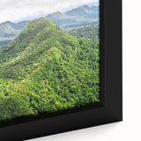 Extra large framed canvas depicting a textured, colorful Central American scenery in black, ideal for living room decor.
