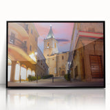 Large abstract wall art depicting a vibrant El Salvador landscape in mid-century modernist style on a black framed acrylic.