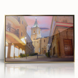 Mid-century modernist style large art print of a Central American landscape in gold acrylic frame.