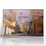 Art deco poster of a Central American scenery in muted green and blue tones, acrylic framed, ideal for nursery wall art.