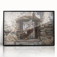 Large abstract wall art depicting a Central American scenery in muted earth tones, framed in black acrylic.