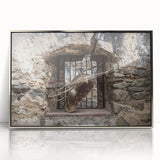 Art deco poster of a Guatemalan landscape in muted earth tones on a silver-framed acrylic.