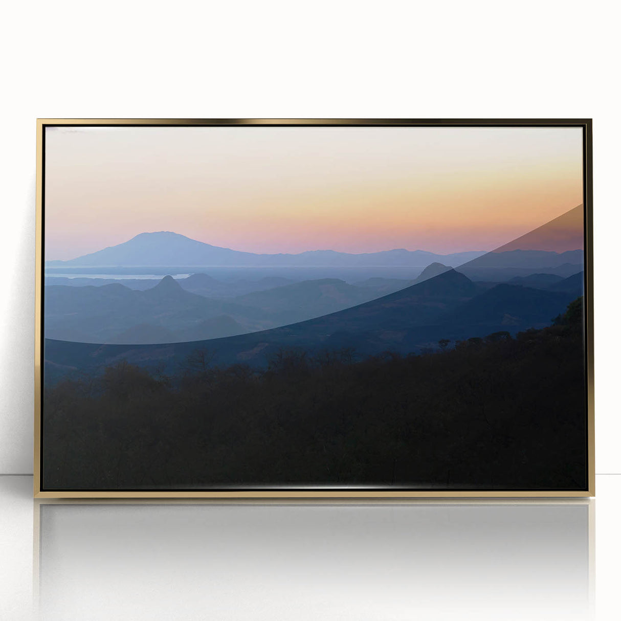 Mid-century modernist art depicting a Central American landscape in acrylic, framed in gold, ideal for modern art wall decor.