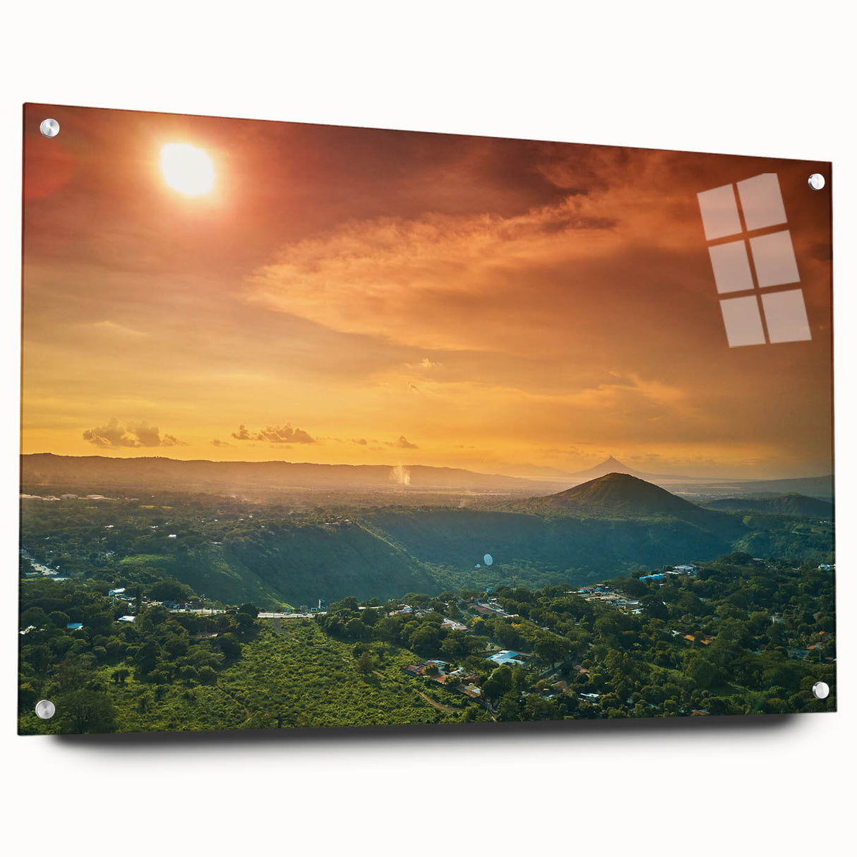 Acrylic print of a large abstract depiction of Nicaragua in vibrant blues and greens, ideal for dining room decor.