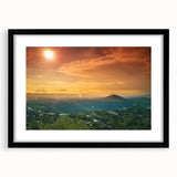 Extra large, colorful abstract art print of Central America scenery on textured canvas, framed in black.