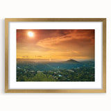 Abstract art print depicting a textured scenery of Central America in muted earth tones, framed in gold.