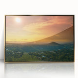 Mid-century modernist art depicting a stylized Central American landscape in muted earth tones, framed in gold acrylic.