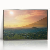 Mid-century modernist art depicting a serene Nicaraguan landscape on a silver-framed acrylic print.