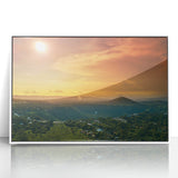 Art deco poster of a Central America scene in muted earth tones on a white framed acrylic, suitable for nursery wall art.