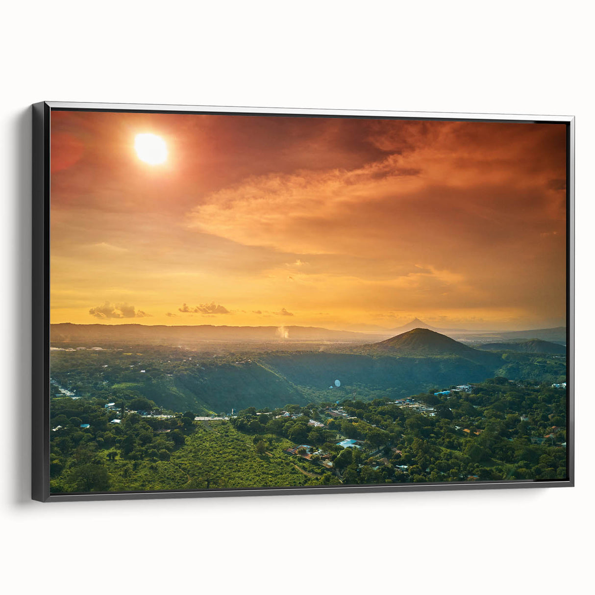 Black and white framed canvas depicting a vintage landscape of Central America, suitable for bedroom decor.