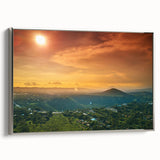 Framed canvas of a vintage-style landscape painting depicting a colorful Central American scenery.