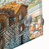 Large abstract wall art of a European scenery in Albania, with muted earth tones on acrylic glass.