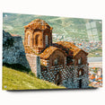 Large abstract wall art depicting a scenic European landscape in vibrant hues on acrylic glass.