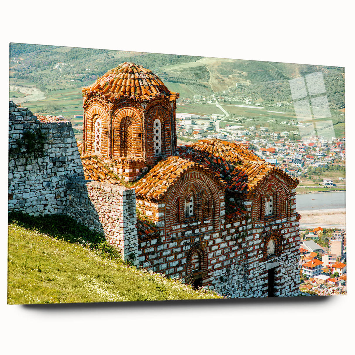 Large abstract wall art of a European Albanian scenery in muted earth tones on acrylic glass.