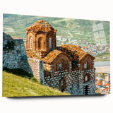 Large abstract wall art of a European Albanian scenery in muted earth tones on acrylic glass.