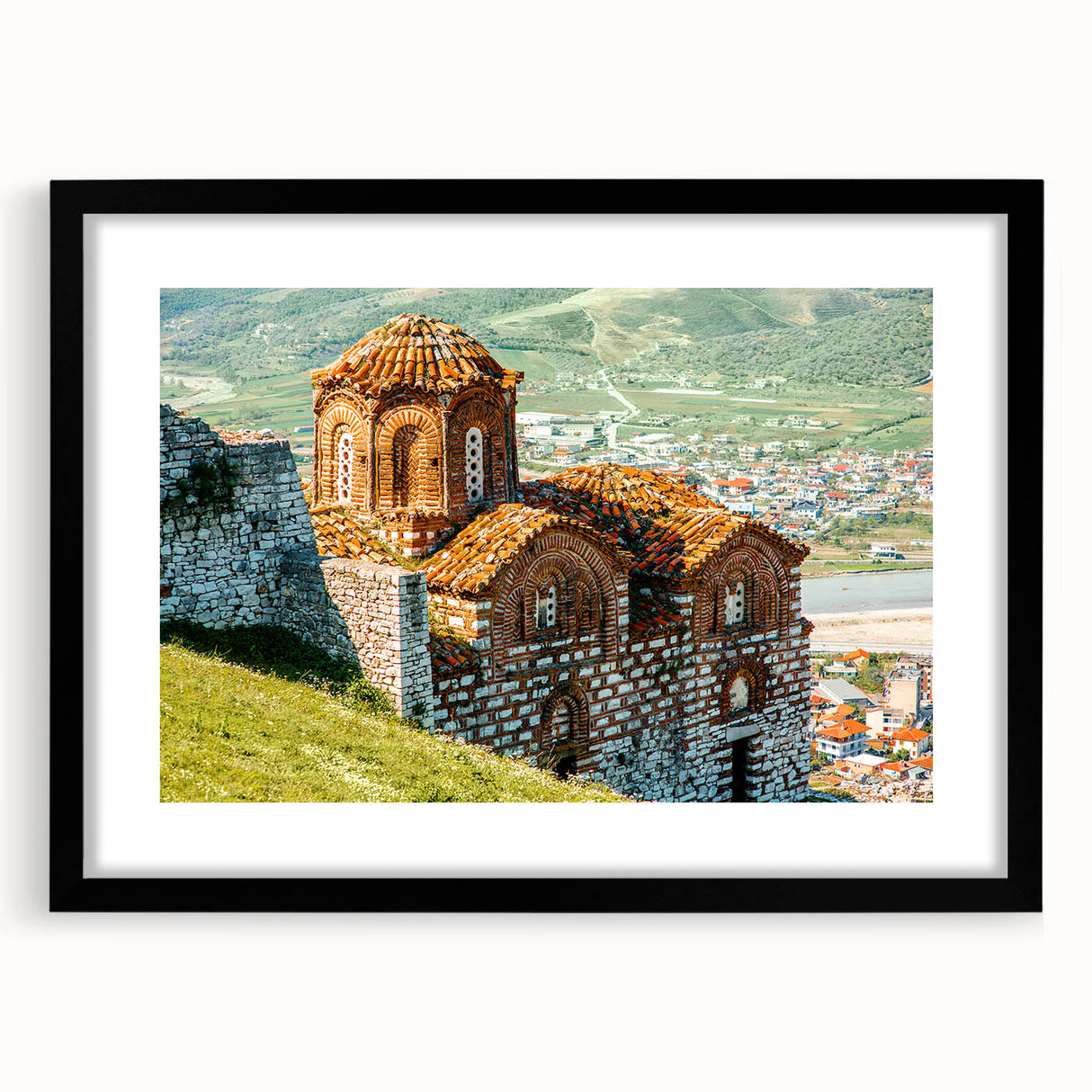 Extra large abstract art print depicting a colorful, textured European scenery on a black framed canvas.