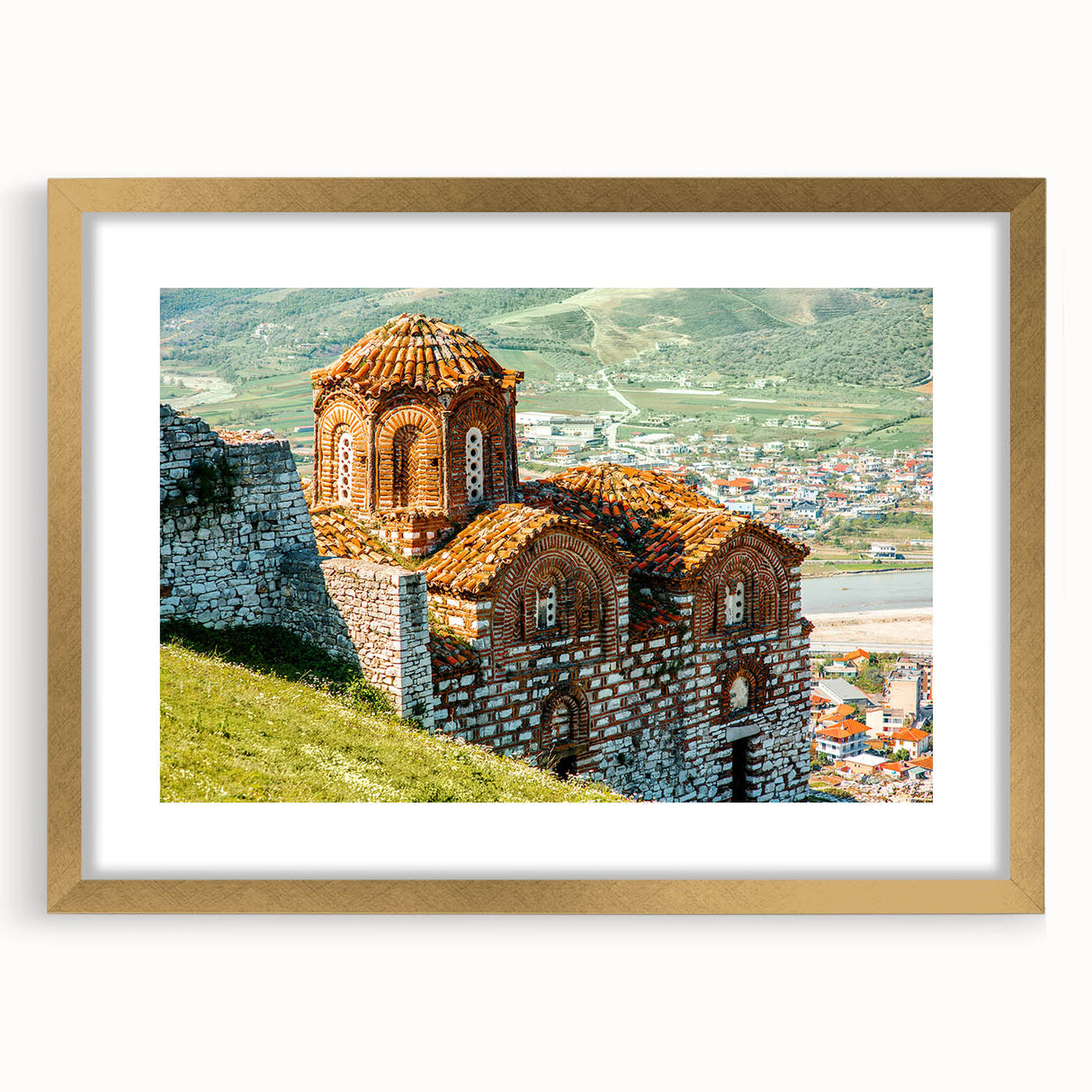 Extra large abstract art print of European scenery in gold frame, ideal for living room decor.