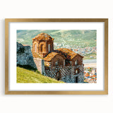 Extra large abstract art print of European scenery in gold frame, ideal for living room decor.